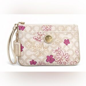 Coach Floral Signature Wristlet in Cream with Pink Accents